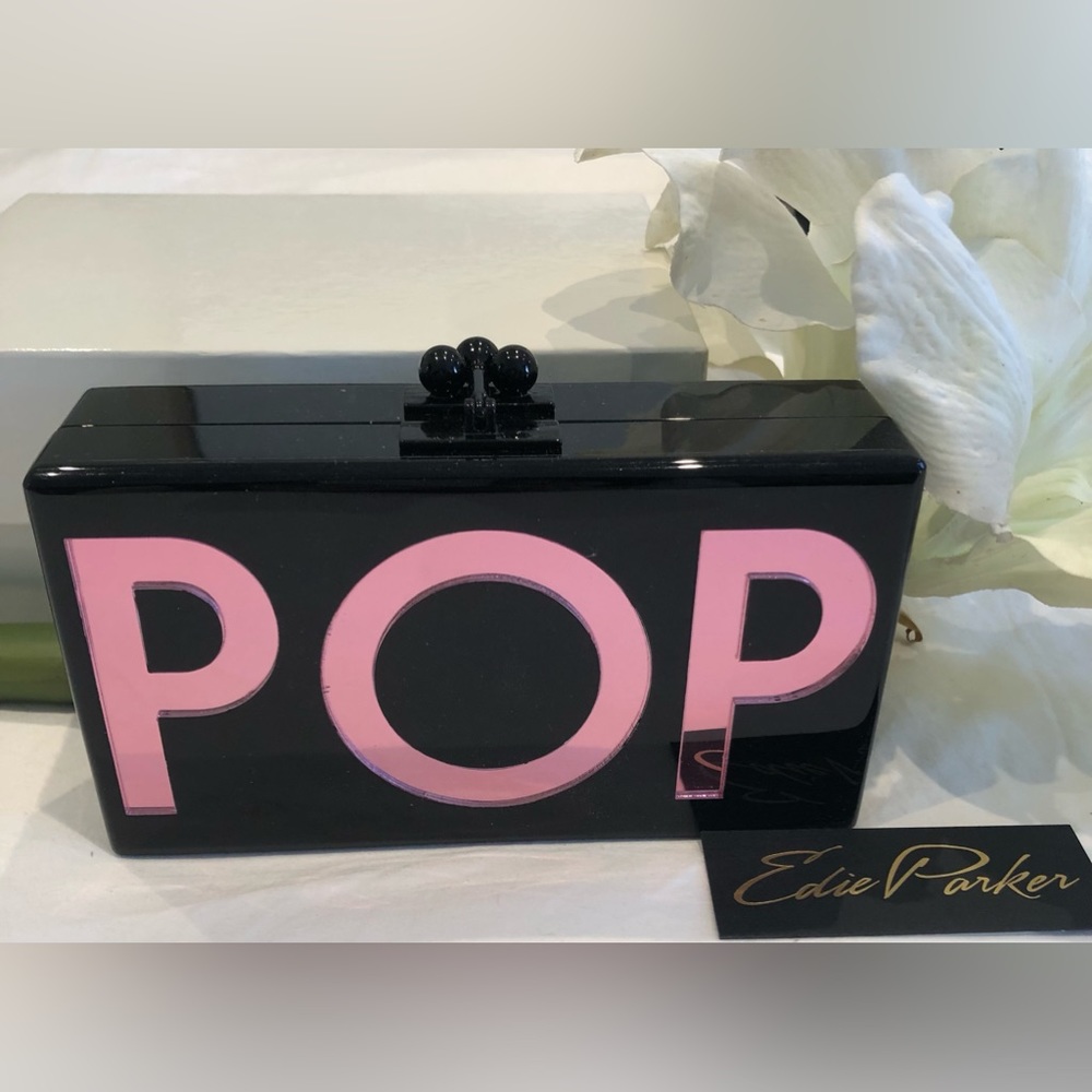 Edie Parker Jean Clutch with Pink POP" at front